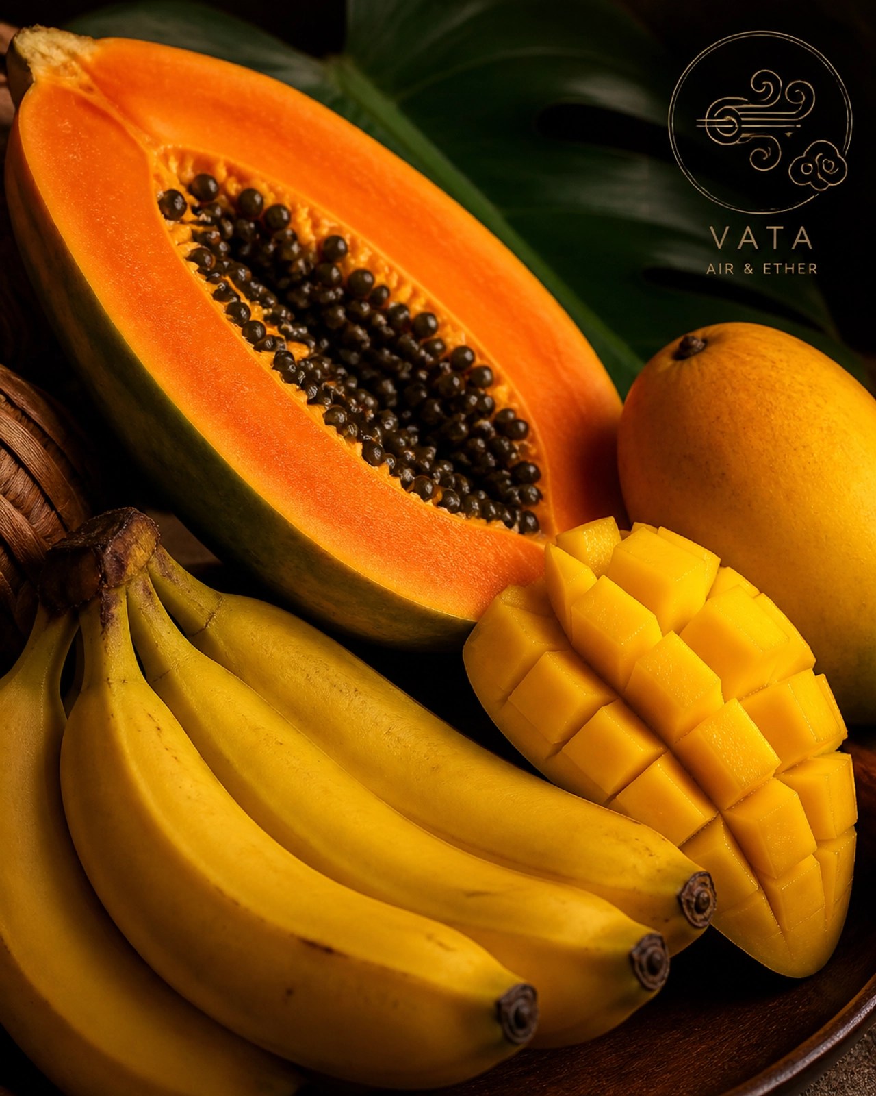 Frutas colombianas dulces y maduras como papaya y mango, ideales para equilibrar el dosha Vata