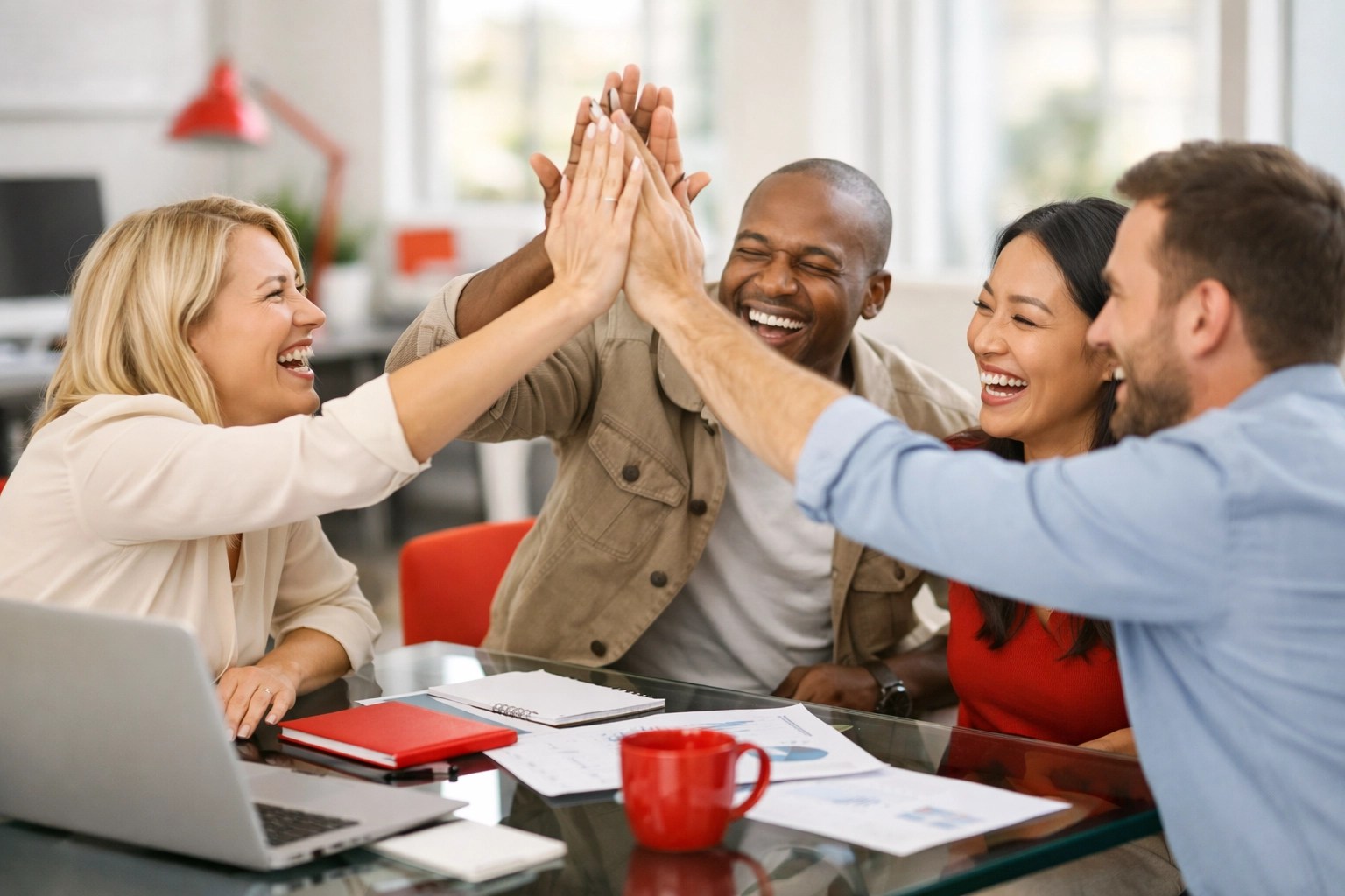 Diverse office team high-fiving over a successful project phase, illustrating a short-term change management win.