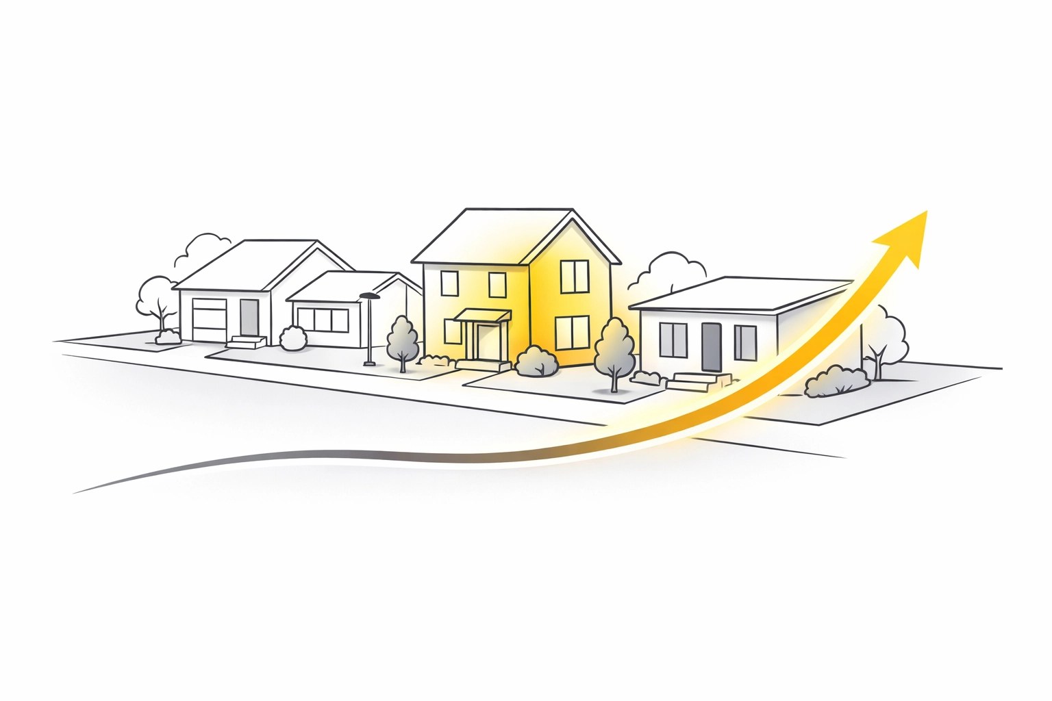A rising growth chart over a neighborhood of new custom homes showing real estate investment value.