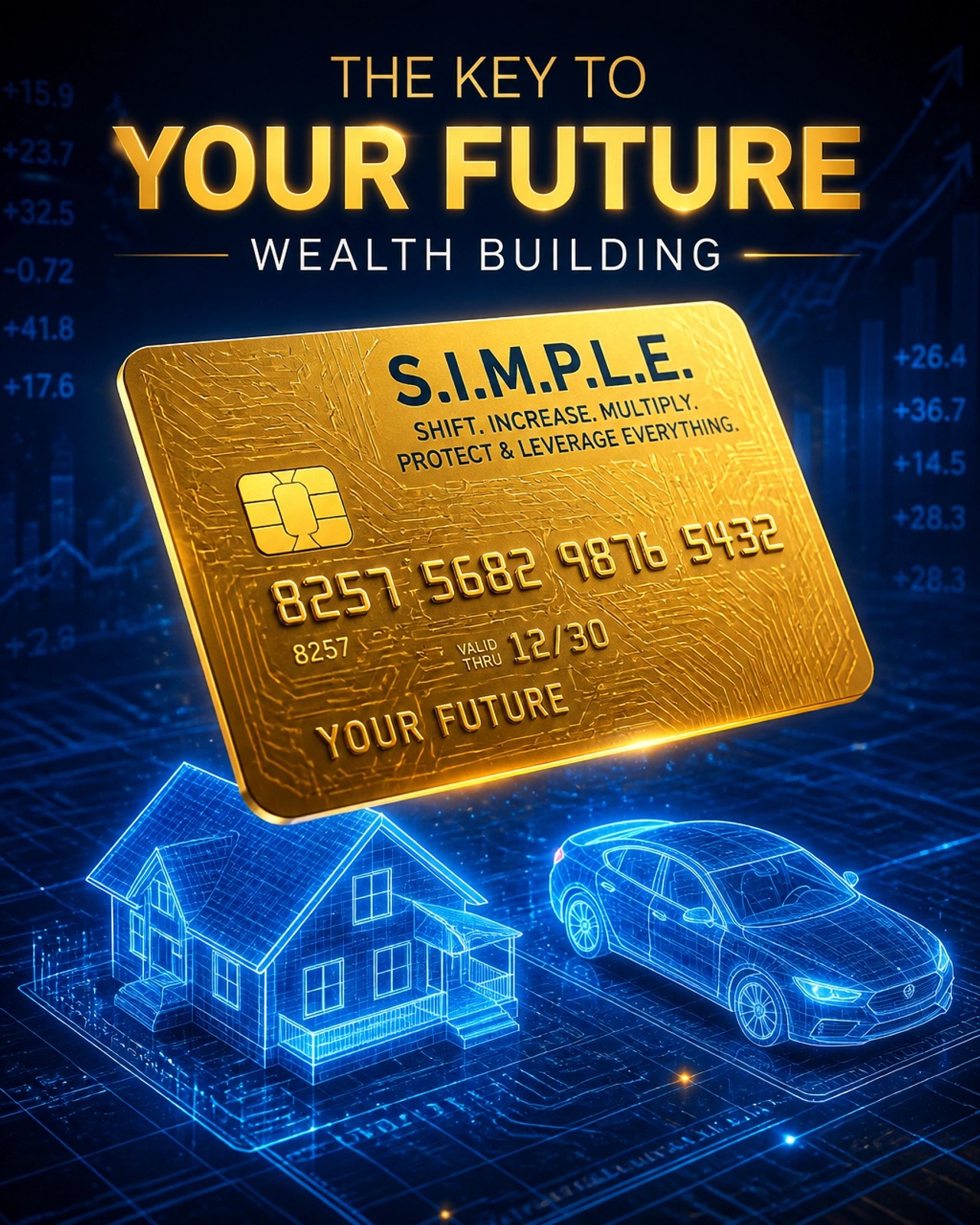 A golden credit card floating over a digital blueprint, symbolizing financial building blocks and the key to future wealth.