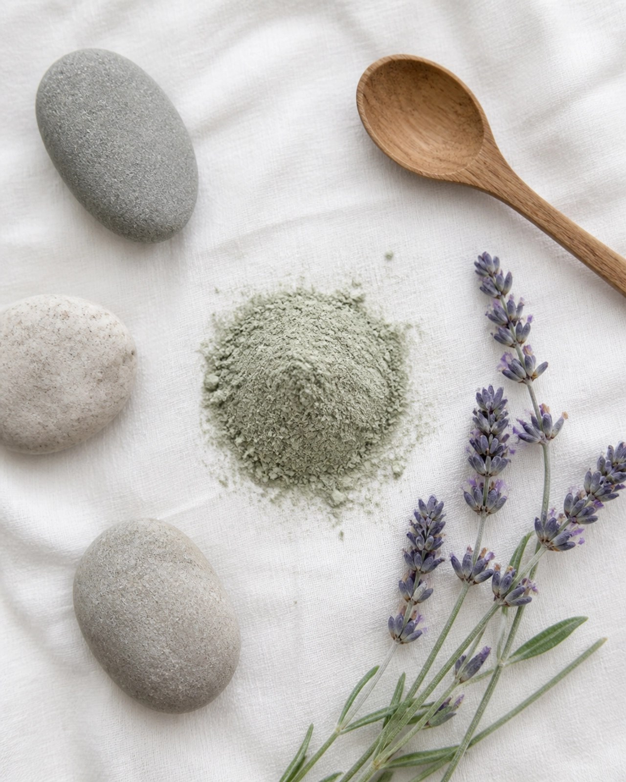 A flat lay of green clay powder, stones, and lavender, representing a natural wellness routine.
