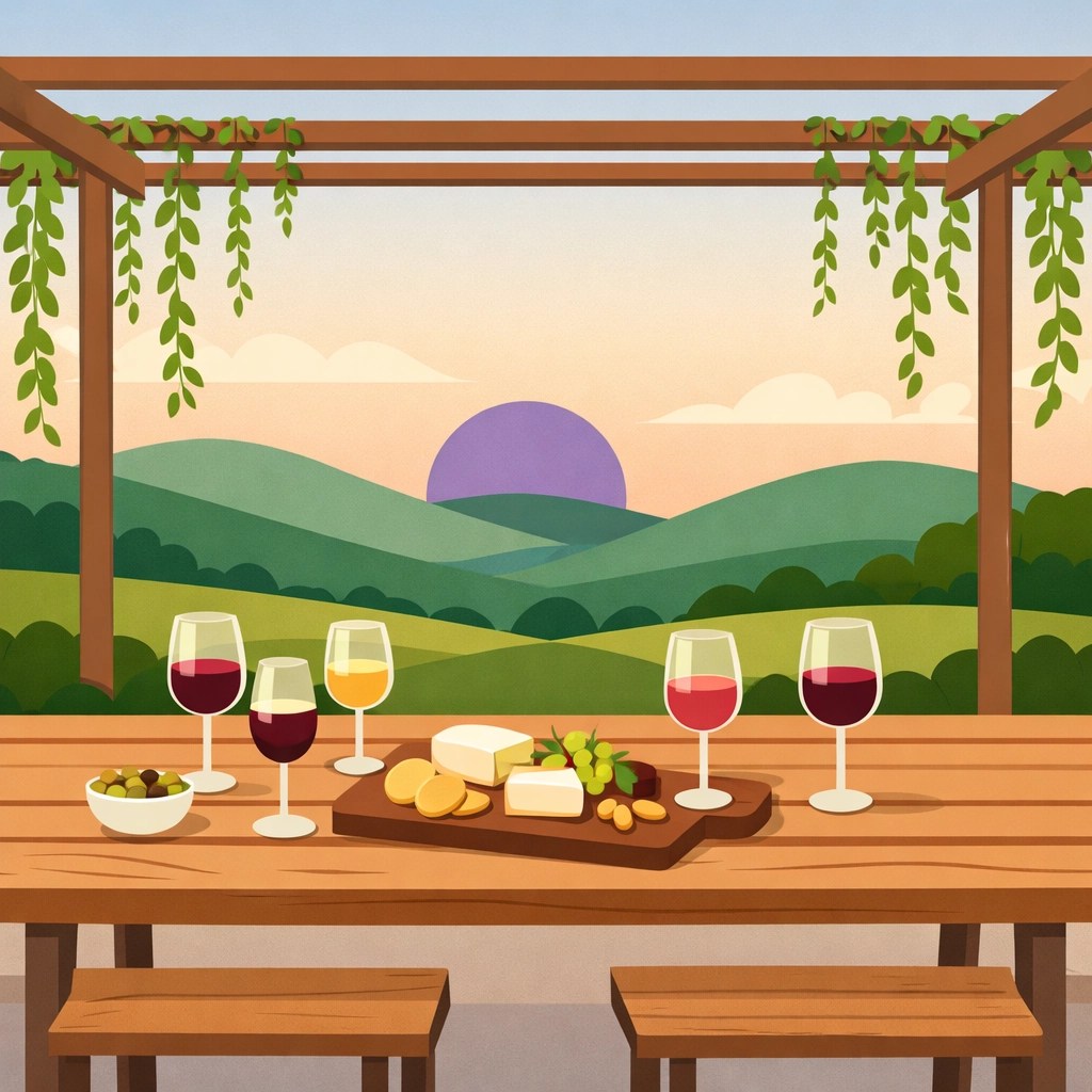 Relaxing outdoor wine and cheese tasting setup overlooking rolling hills at a Virginia vineyard.