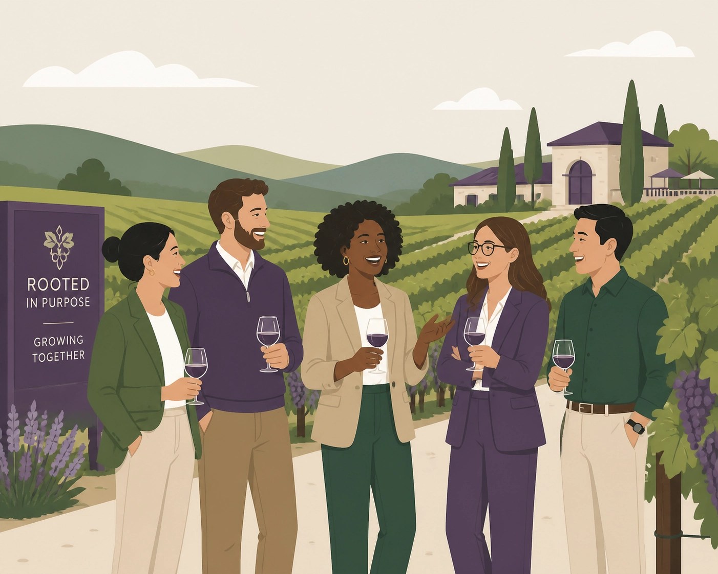 A clean, minimalist, and slightly playful flat illustration of a group of diverse professionals standing near a vineyard