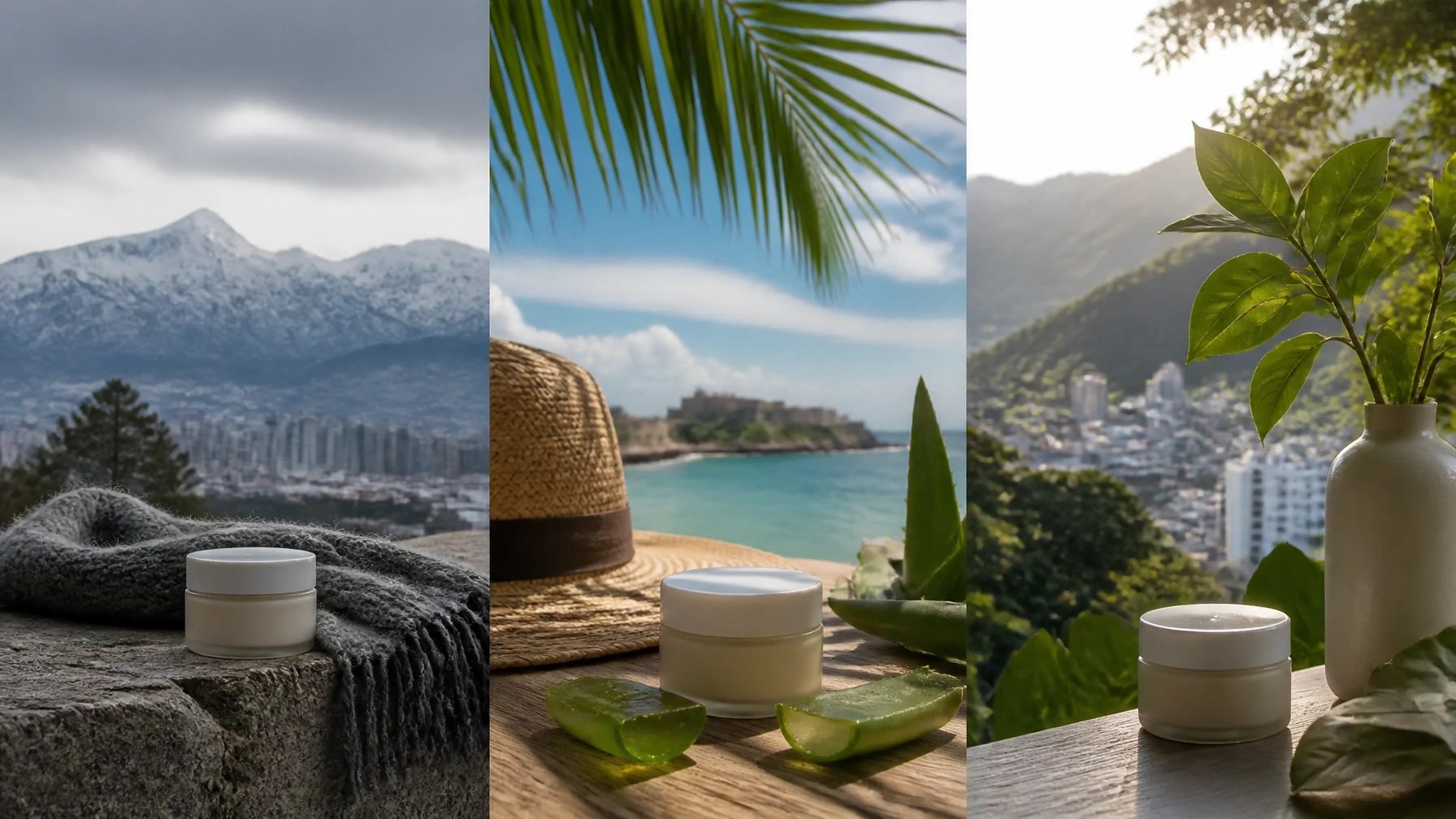 Escena editorial sobre el cuidado de la piel en distintos climas colombianos: Bogotá, Cartagena y Cali, con protección solar, sábila y elementos naturales
