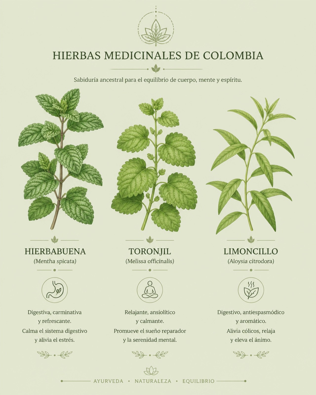 Ilustración de plantas medicinales locales como toronjil, yerbabuena y limoncillo