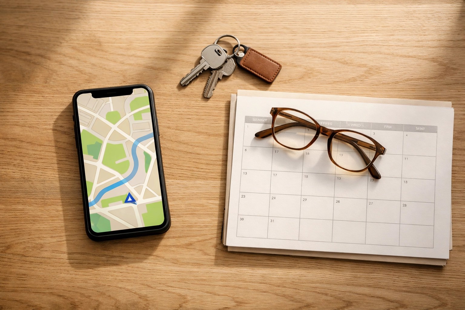Smartphone with GPS and a calendar, representing easy booking for remote medical transportation.