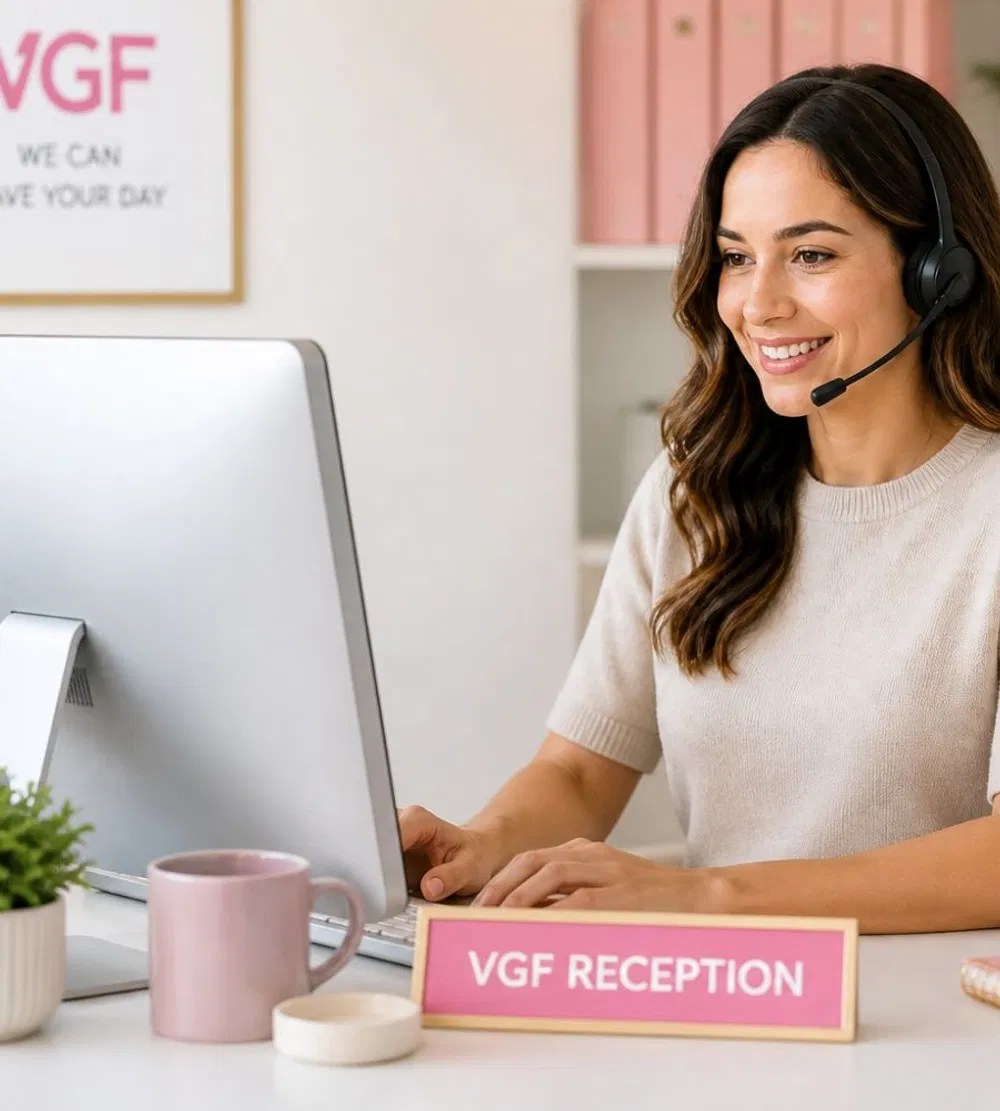 Professional virtual receptionist smiling with headset at a desk