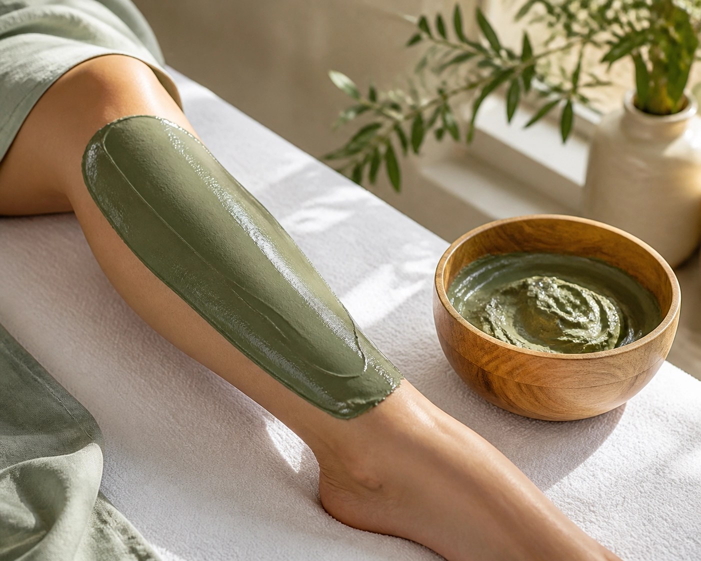 Topical application of French green clay on a calf muscle for natural muscle soreness relief and detox.