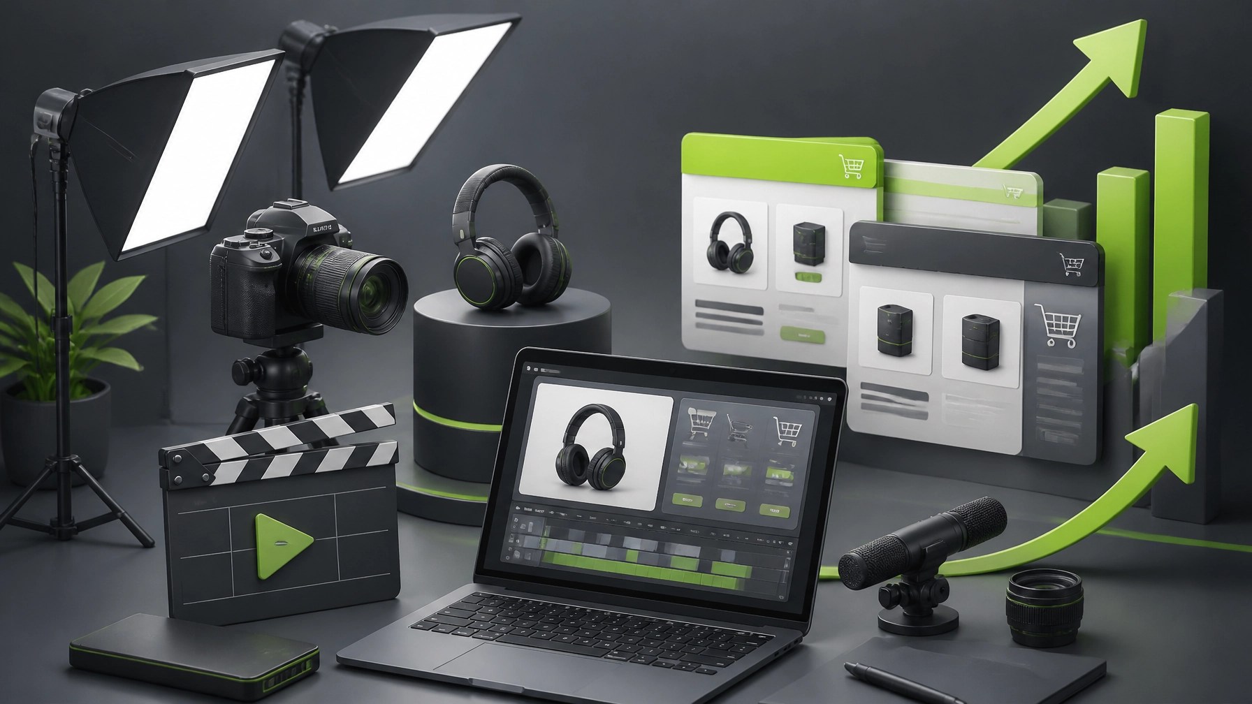 Professional product video studio with camera, lighting, e-commerce screens, and video editing graphics