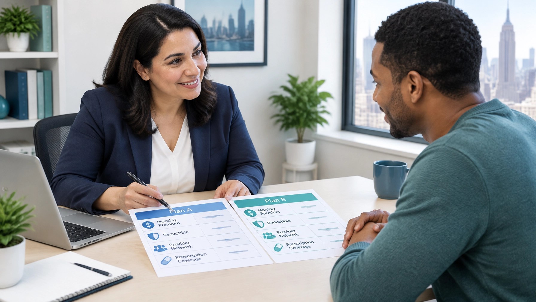 Licensed insurance advisor helping a New York resident compare health plans and coverage costs