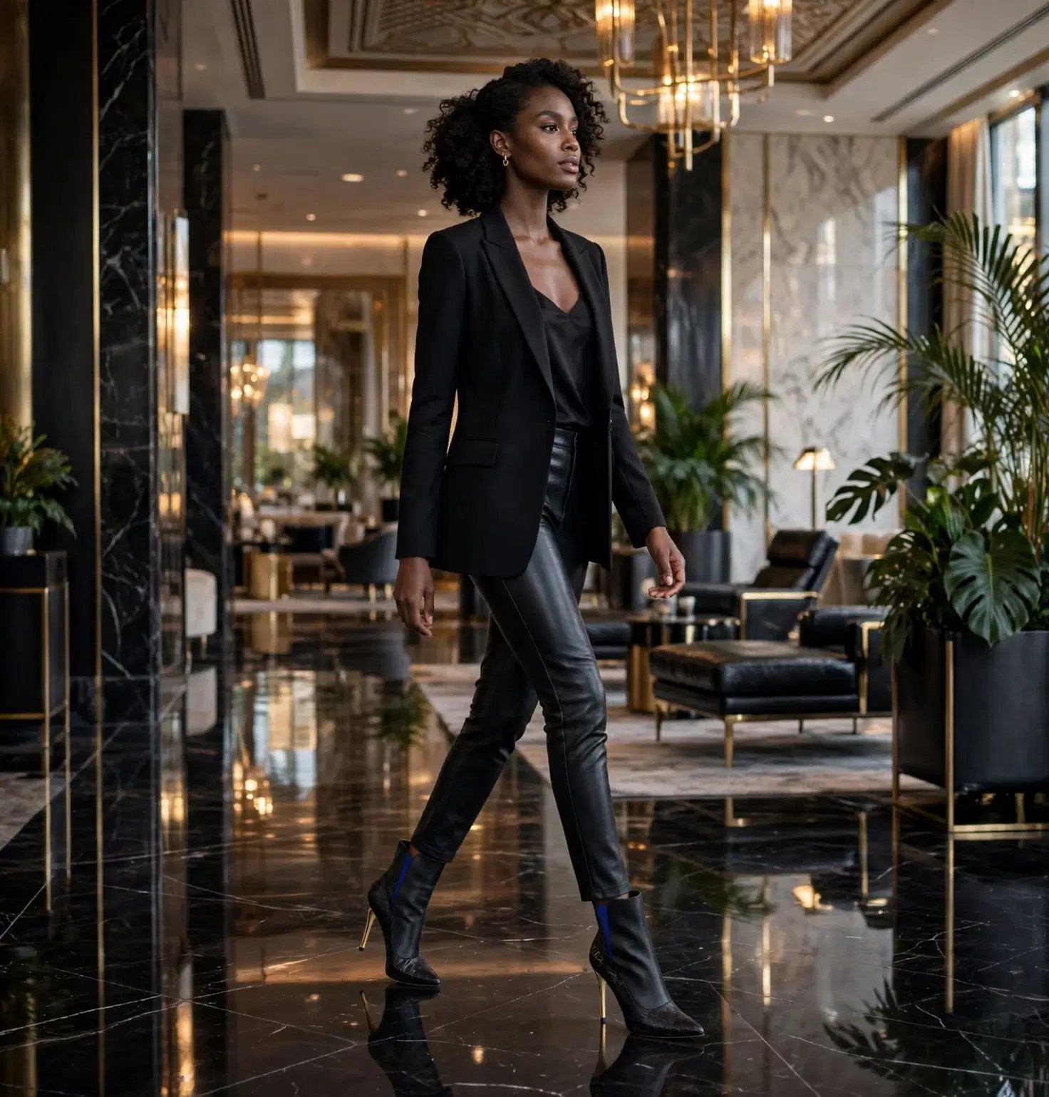Woman wearing Marcella heeled boots through a luxury hotel lobby