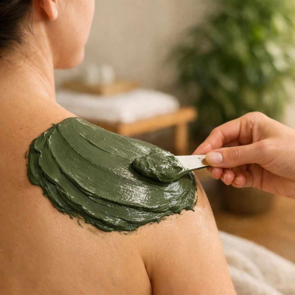Therapeutic green clay poultice applied to a shoulder for joint pain and inflammation relief.