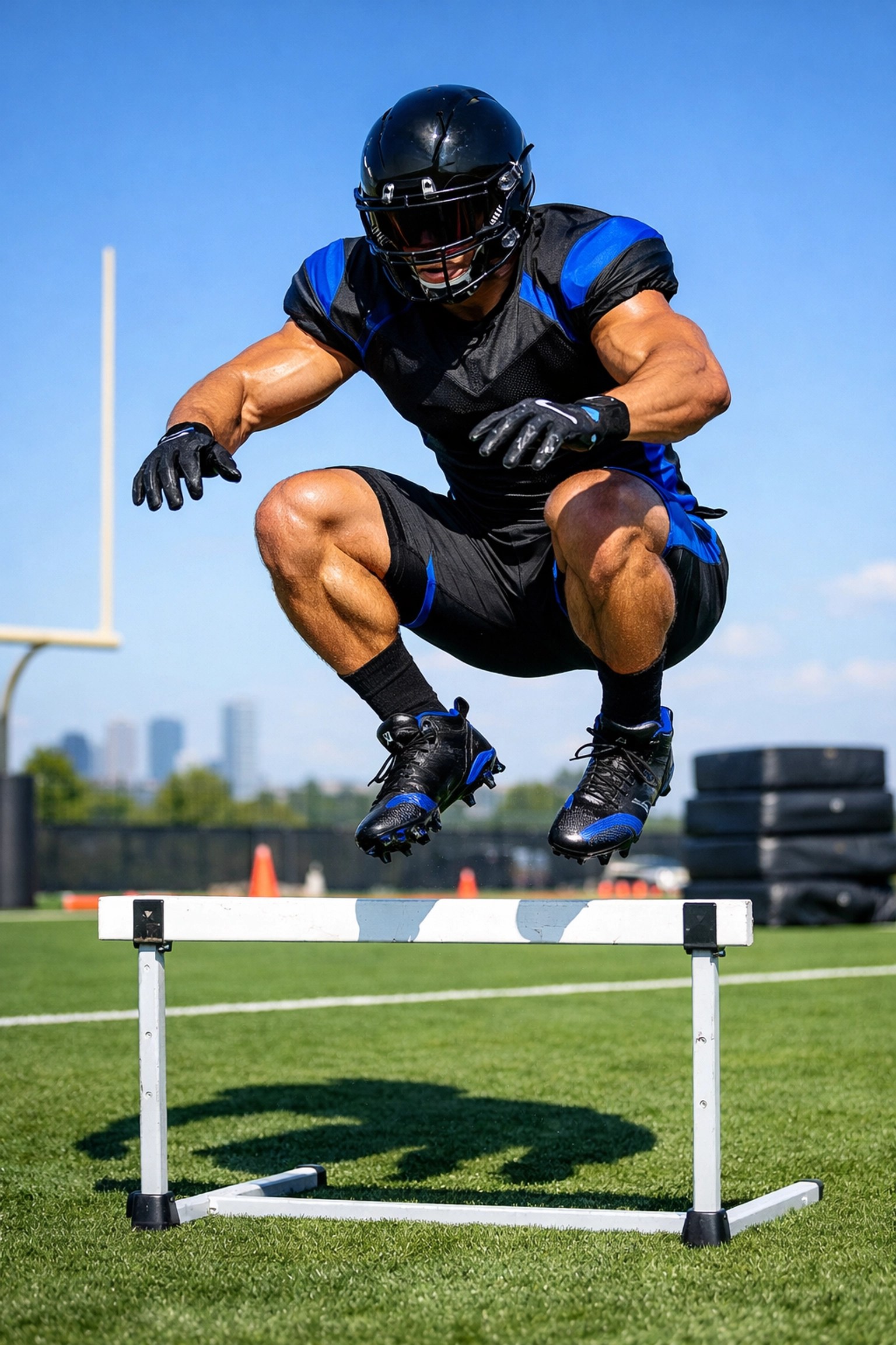 High school football player performing explosive hurdle jumps during football training in Atlanta.