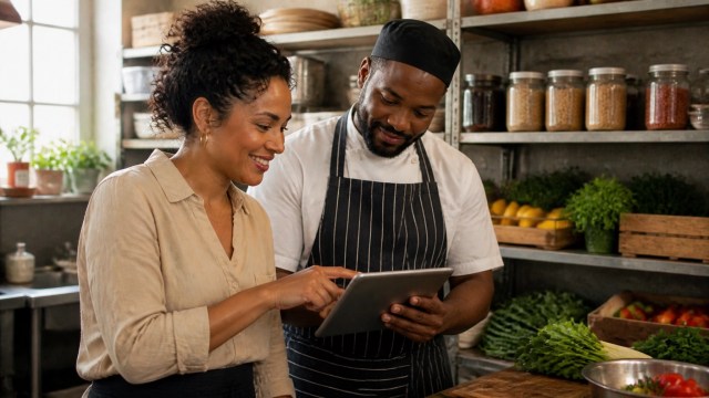 Restaurant manager and kitchen lead checking inventory on a tablet