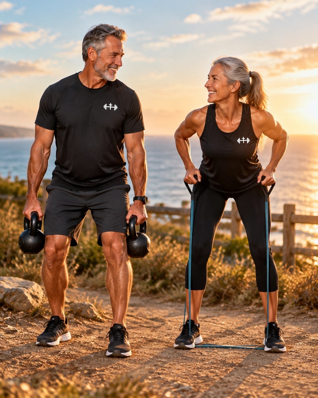 Age-diverse couple completing a partner strength workout outdoors at golden hour