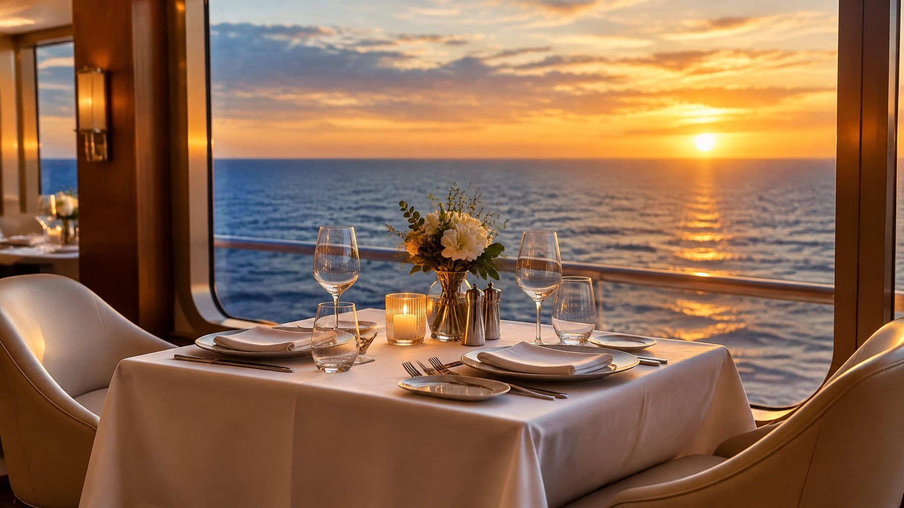An elegant table for two overlooking the ocean at sunset