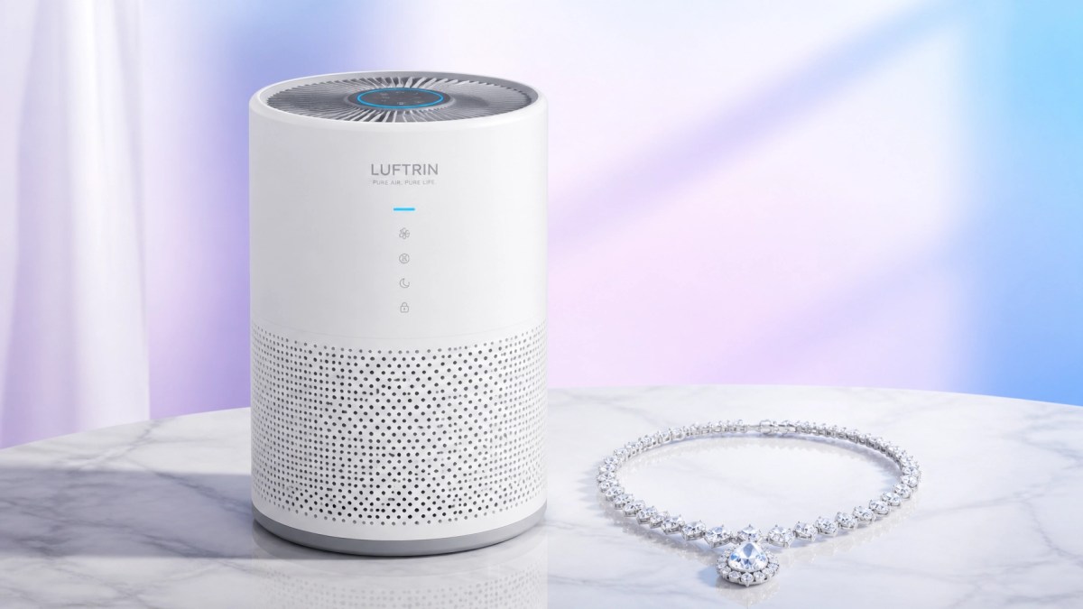 A high-contrast, professional product photograph of a modern, sleek air purification device sitting on a white marble table next to a sparkling diamond necklace.