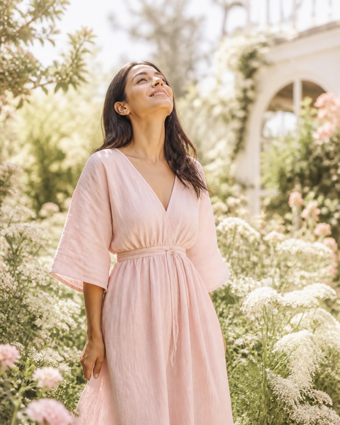 The Summer of Yes: Saying Yes to God's Call in This Season of Sun 5 A woman standing in a lush summer garden, looking up in a posture of surrender and peace.