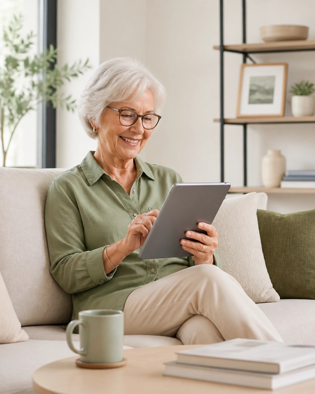 An elderly woman comfortably using a tablet to manage her medical appointments.