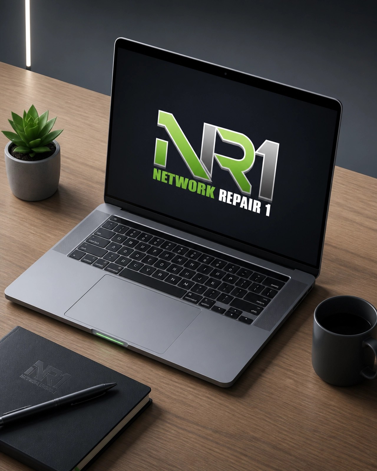 Sleek professional laptop on a minimalist desk representing remote work productivity
