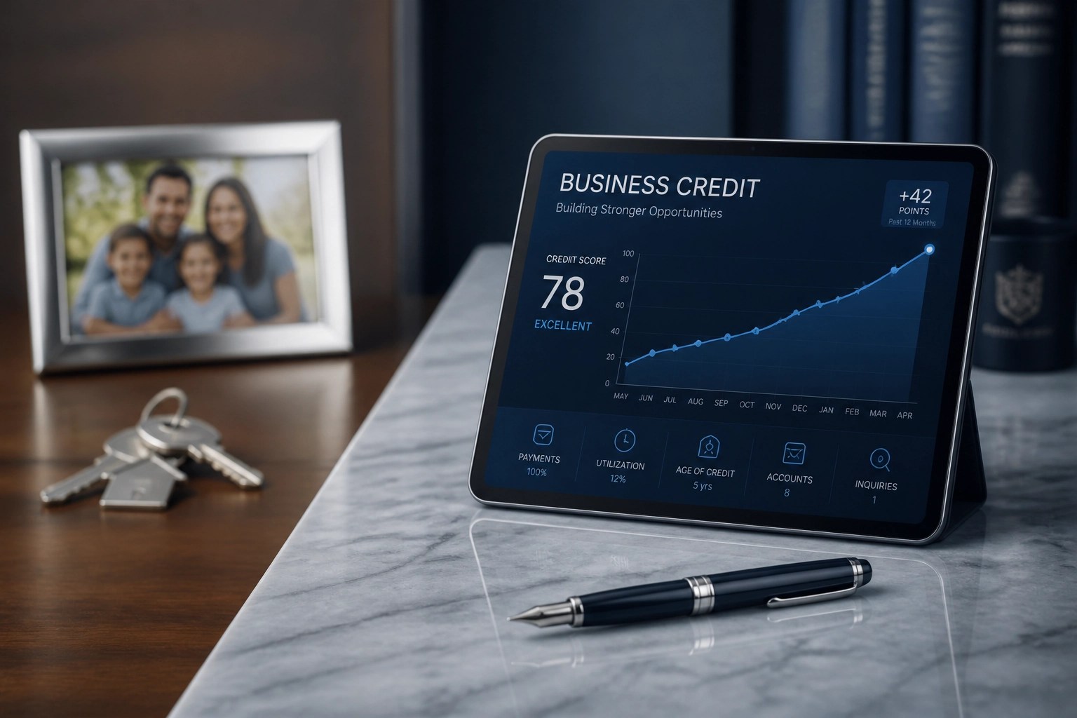 Professional desk separating personal items from a business credit growth chart on a digital tablet.