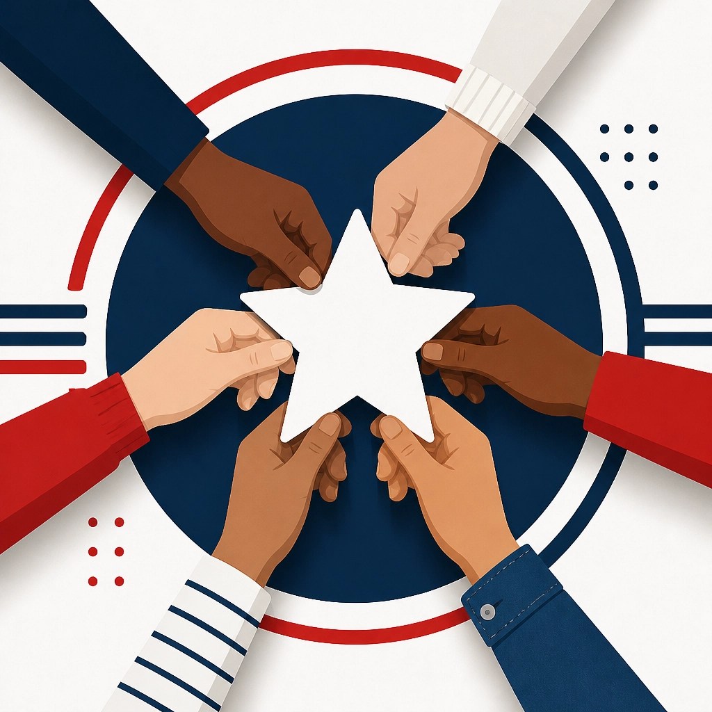 A group of diverse people's hands coming together to hold a single star, symbolizing unity and community action.