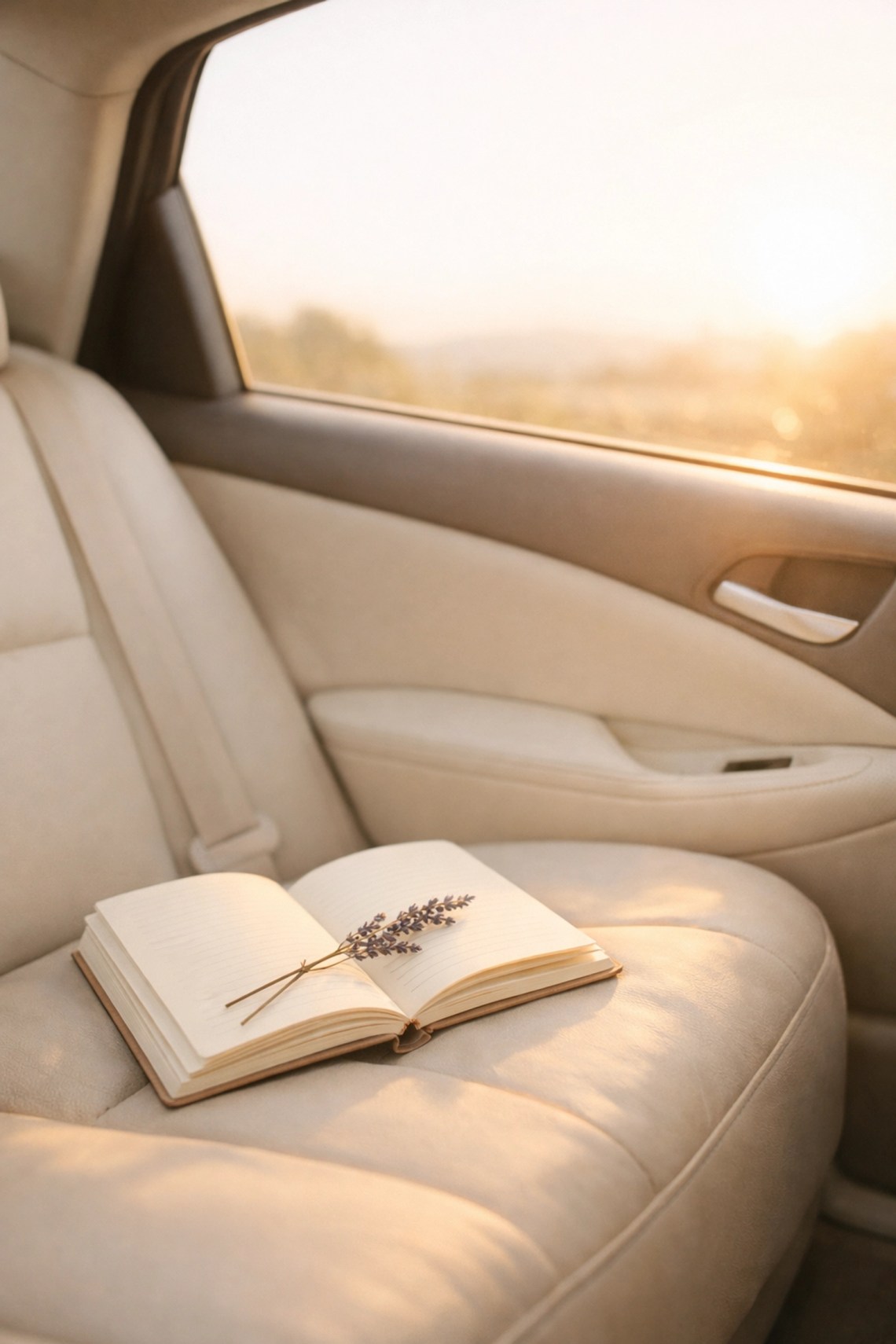A faith journal and lavender on a car seat, capturing the 'Car Ride Cathedral' ritual for spiritual motherhood.