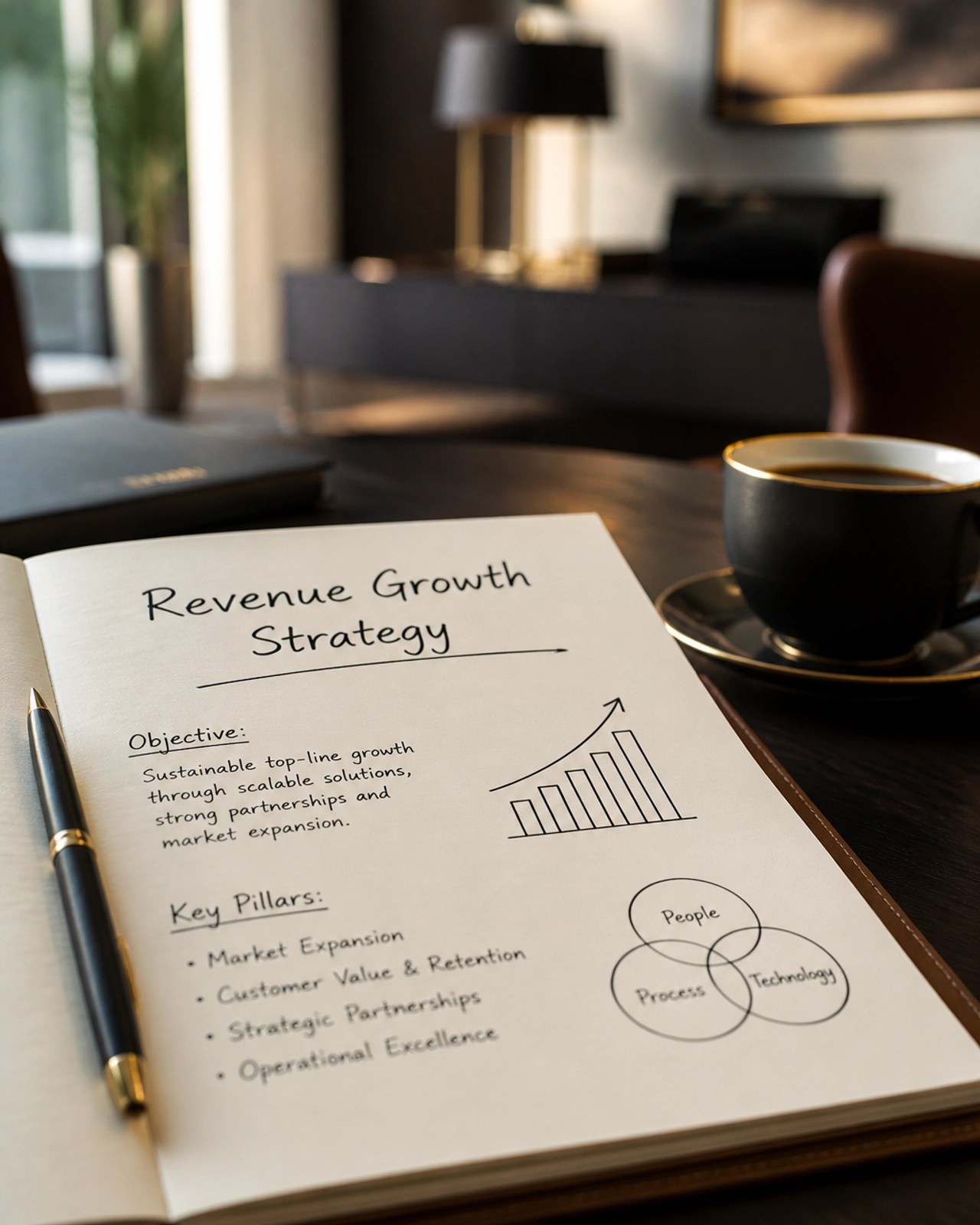 A hand-crafted revenue growth strategy document on a desk