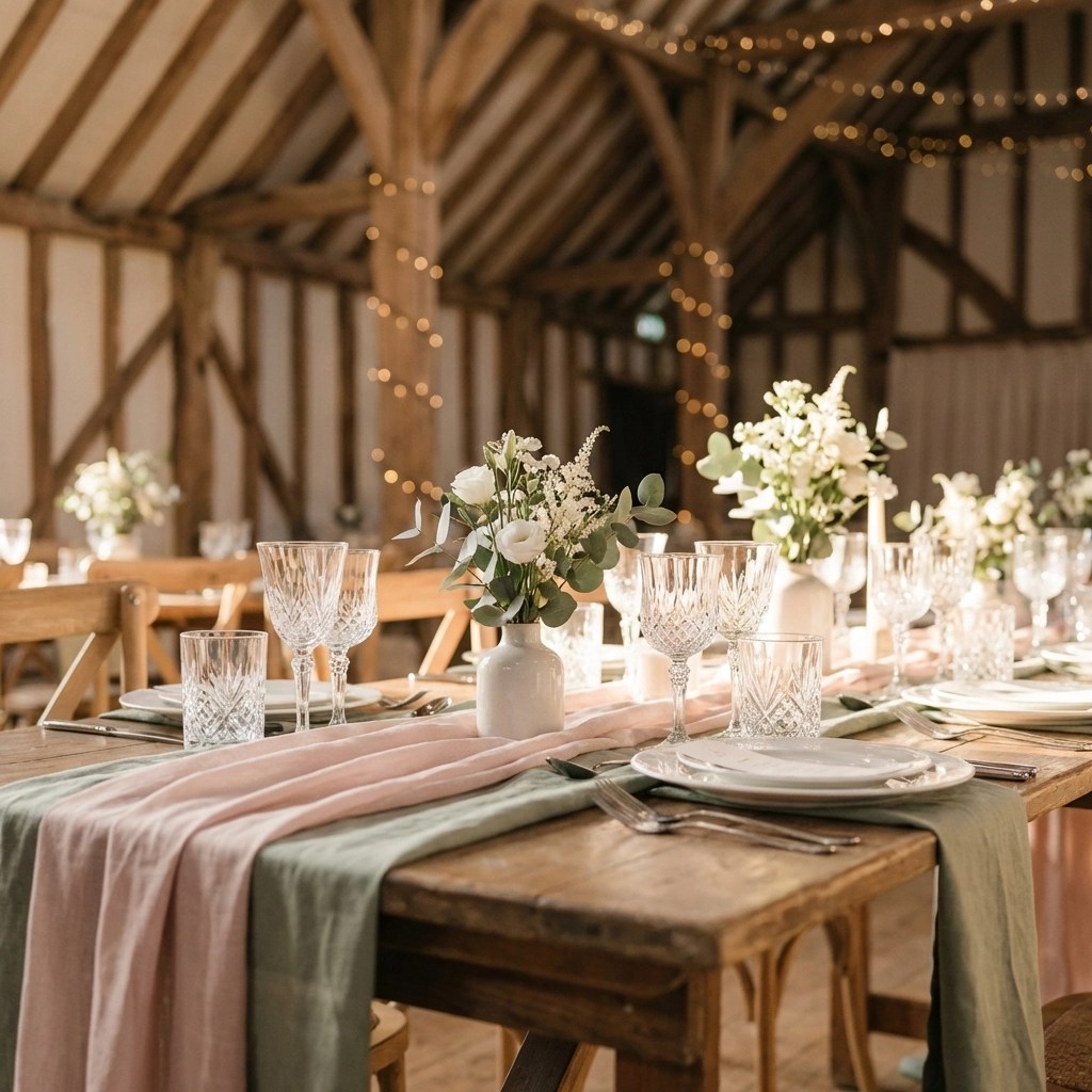 Elegant wedding table setting at a Kent countryside venue with pastel linens and floral centrepieces, illustrating average wedding costs in Kent 2026.