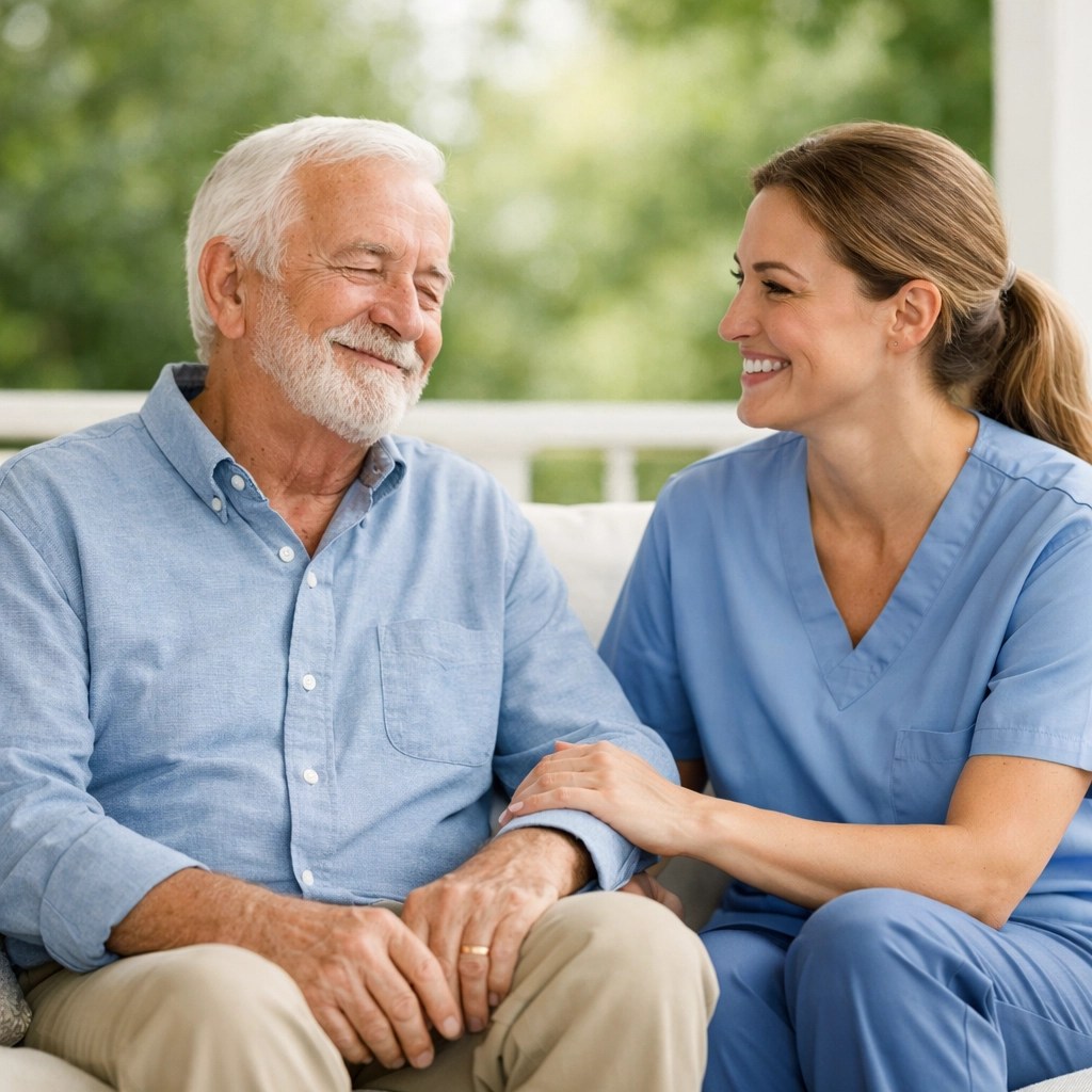 An elderly man and a smiling caregiver on a porch representing reliable home healthcare support in rural areas.