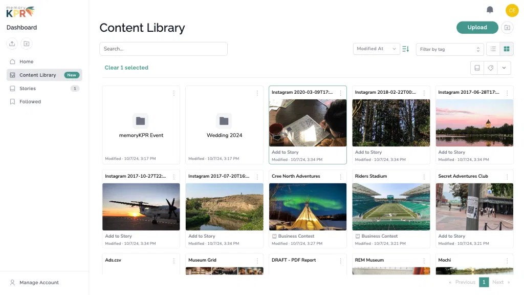 memoryKPR content library showing centralized event content management