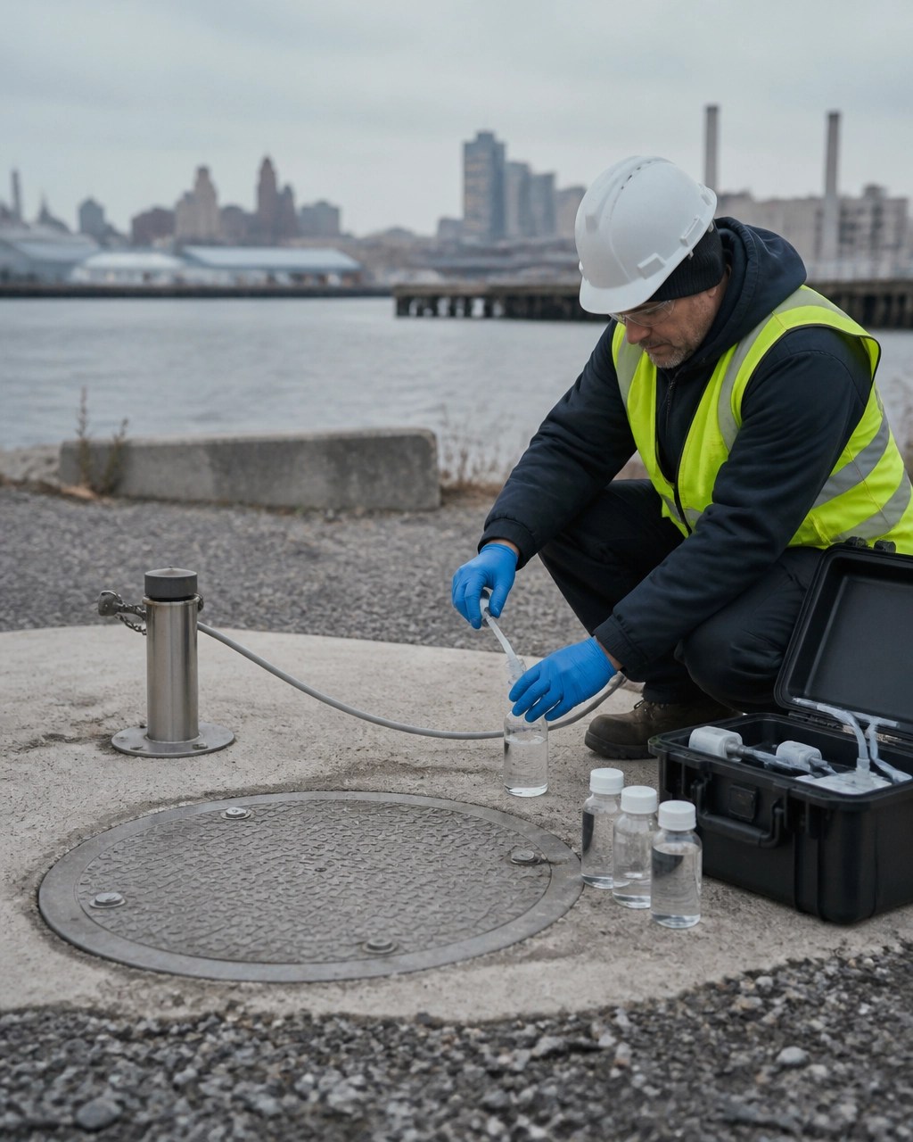 Technician collecting groundwater samples from a monitoring well at an urban waterfront redevelopment site