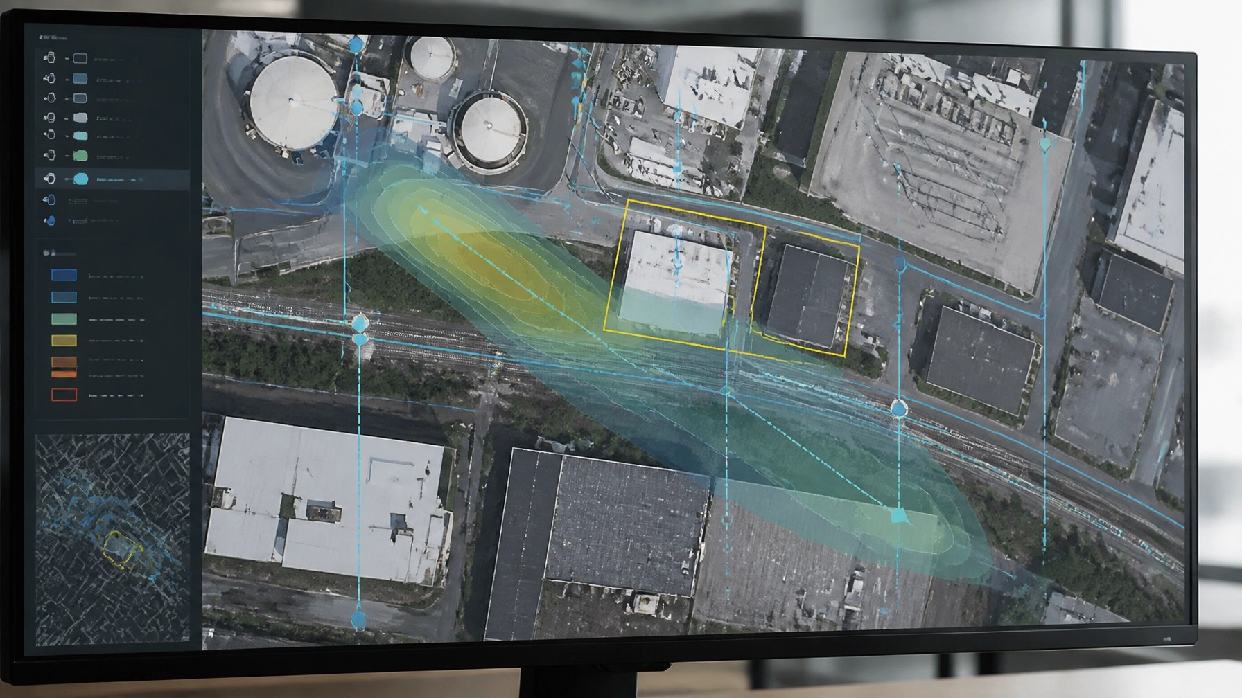 GIS-style aerial parcel analysis showing historical industrial land uses, property boundaries, monitoring points, and potential vapor migration pathways