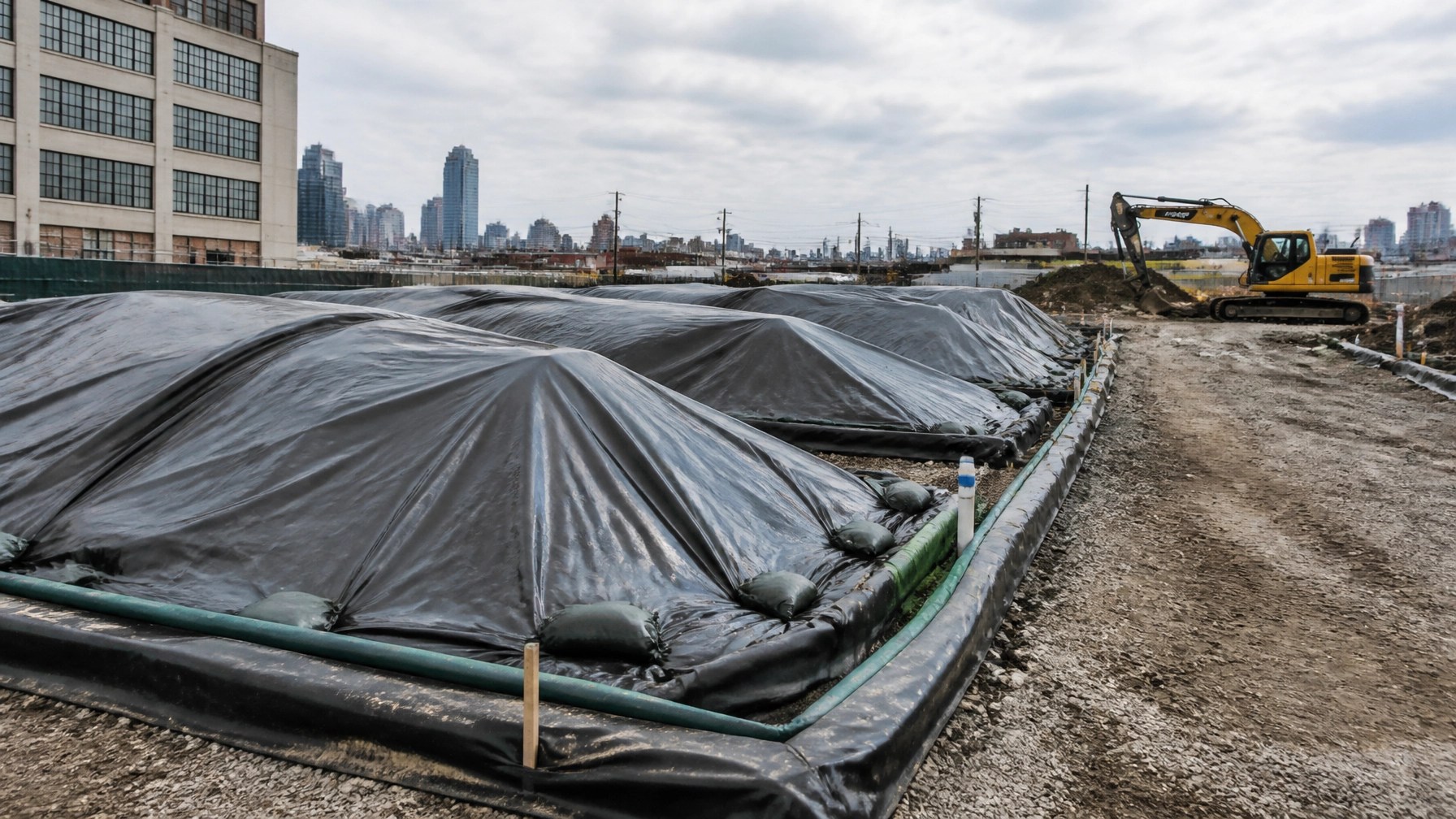 AI-generated environmental construction scene with segregated, covered soil stockpiles and an excavator at an urban New Jersey brownfield