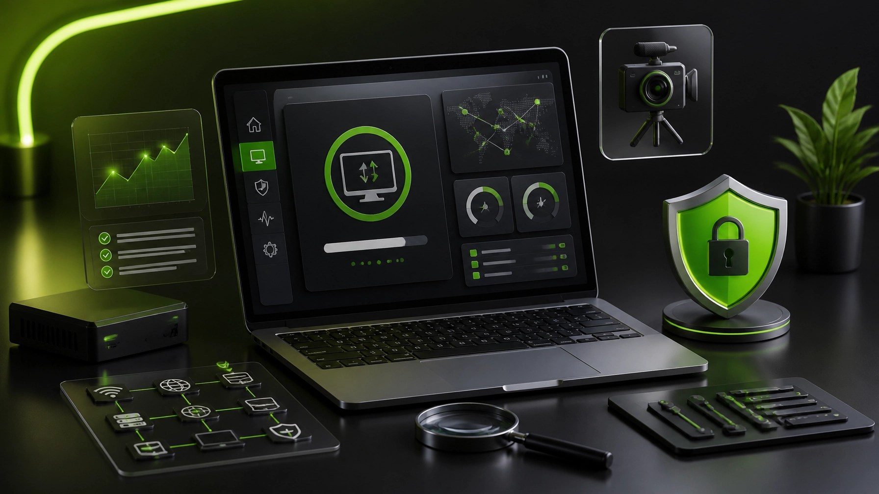 Remote IT support dashboard and content production workflow in NetworkRepair1 green and black style
