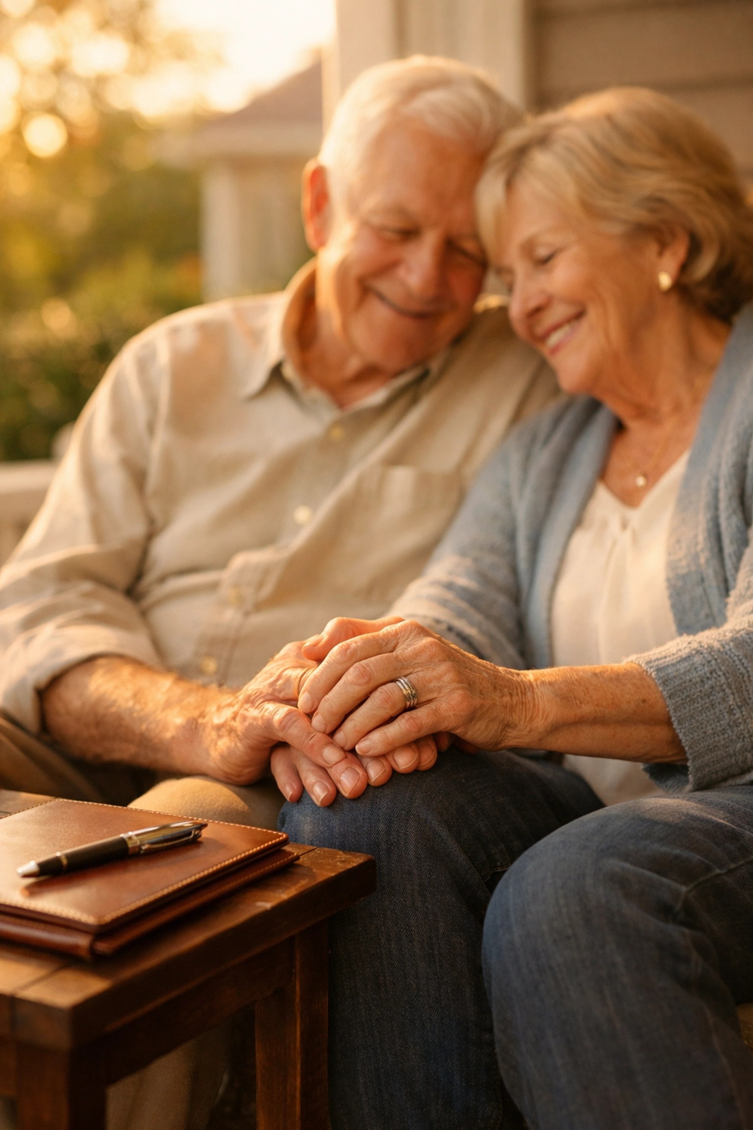 Elderly couple holding hands on a porch, feeling relieved after planning their final expense insurance for seniors.