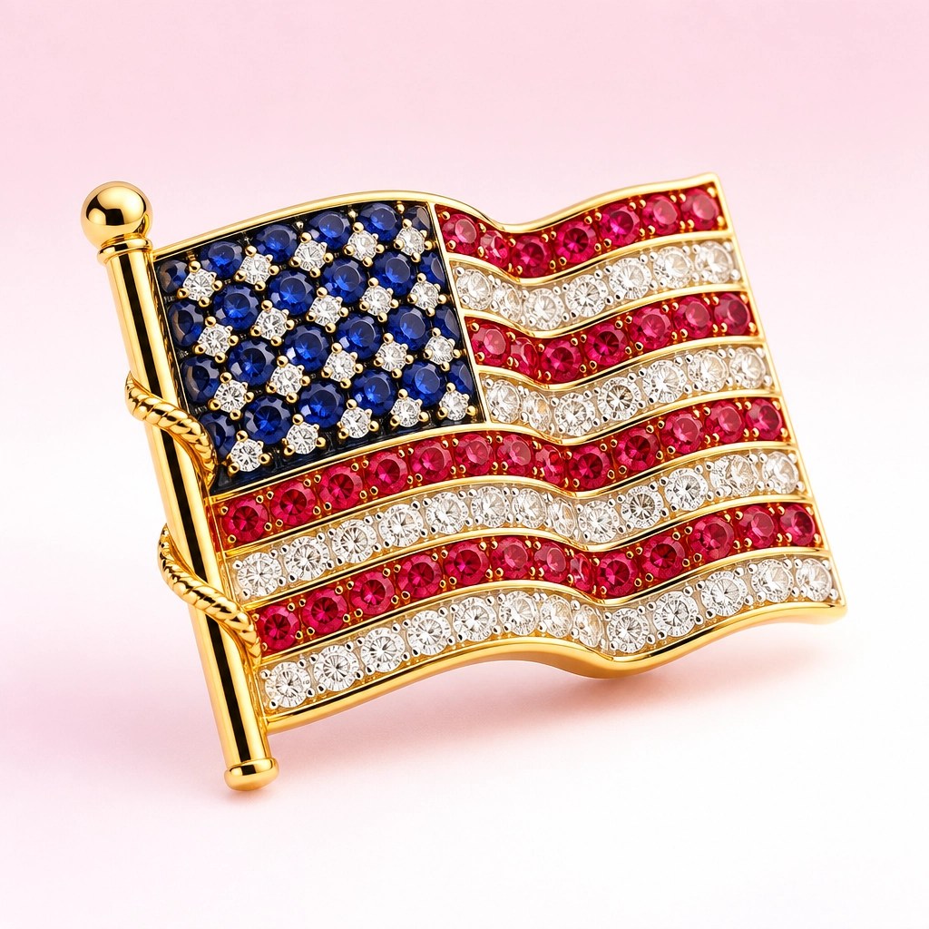 Exquisite gold US flag brooch with diamonds, rubies, and sapphires
