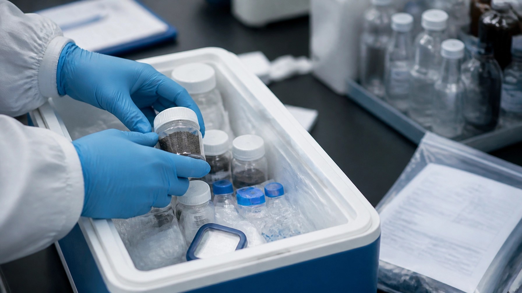 Environmental laboratory sample handling with sealed soil and groundwater vials for QA/QC review