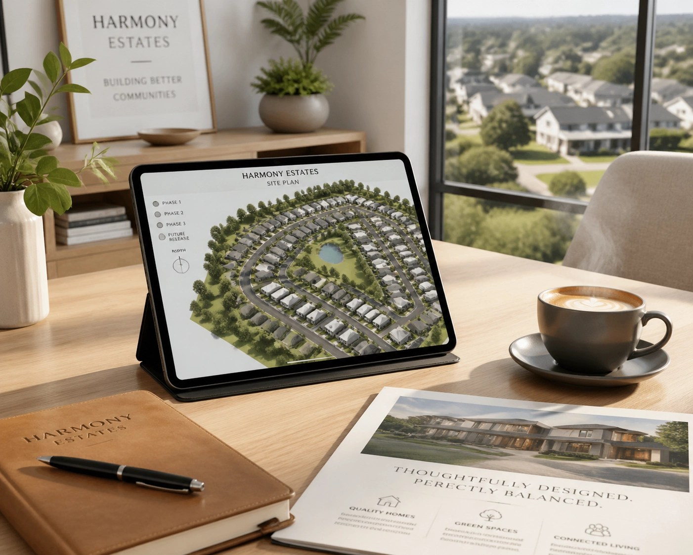 Professional real estate consultation office featuring property development plans for Dayton area relocation.