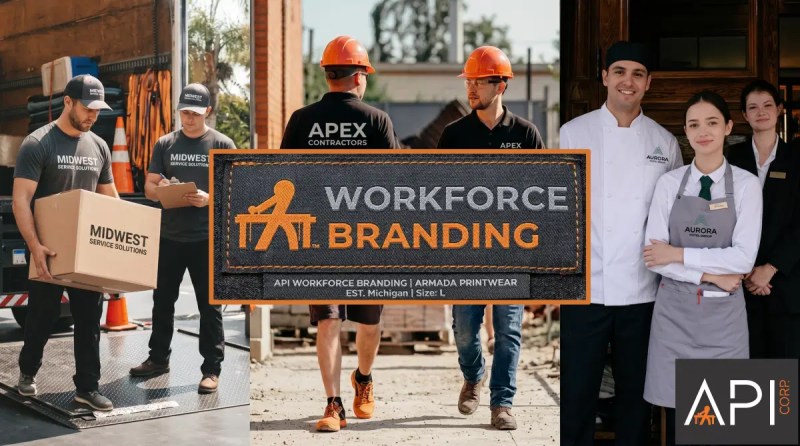 Workforce branding apparel collage showing diverse industries in custom uniforms