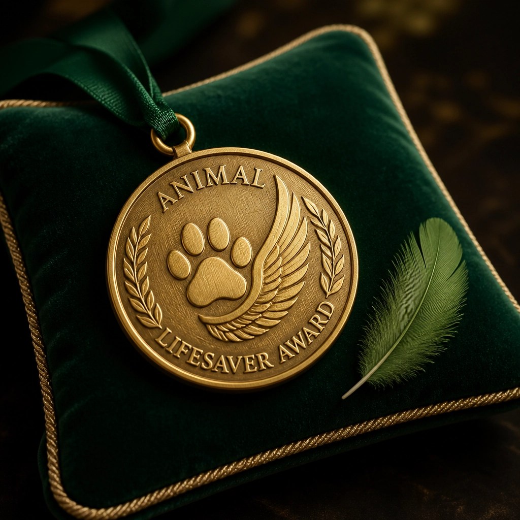 An Animal Lifesaver Award medal, symbolizing the recognition and honor bestowed upon heroic pets like Willie.