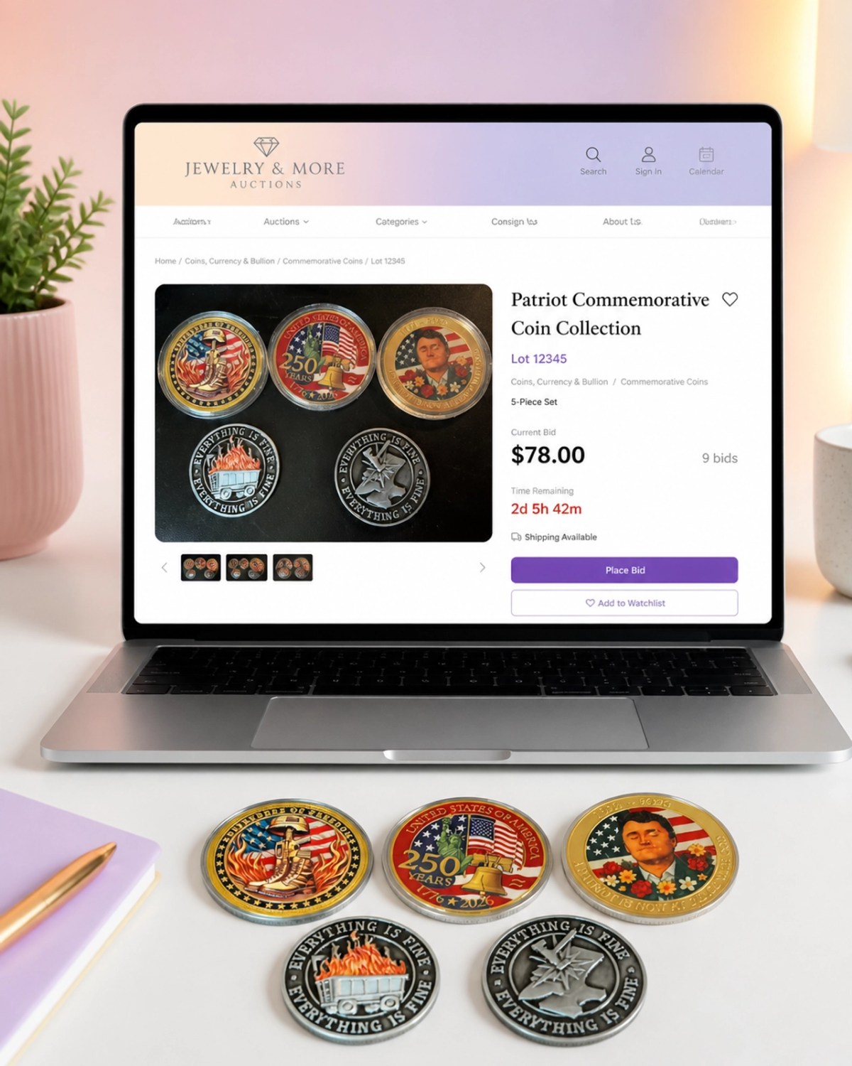 Modern bidding workspace with a laptop showing coin auctions