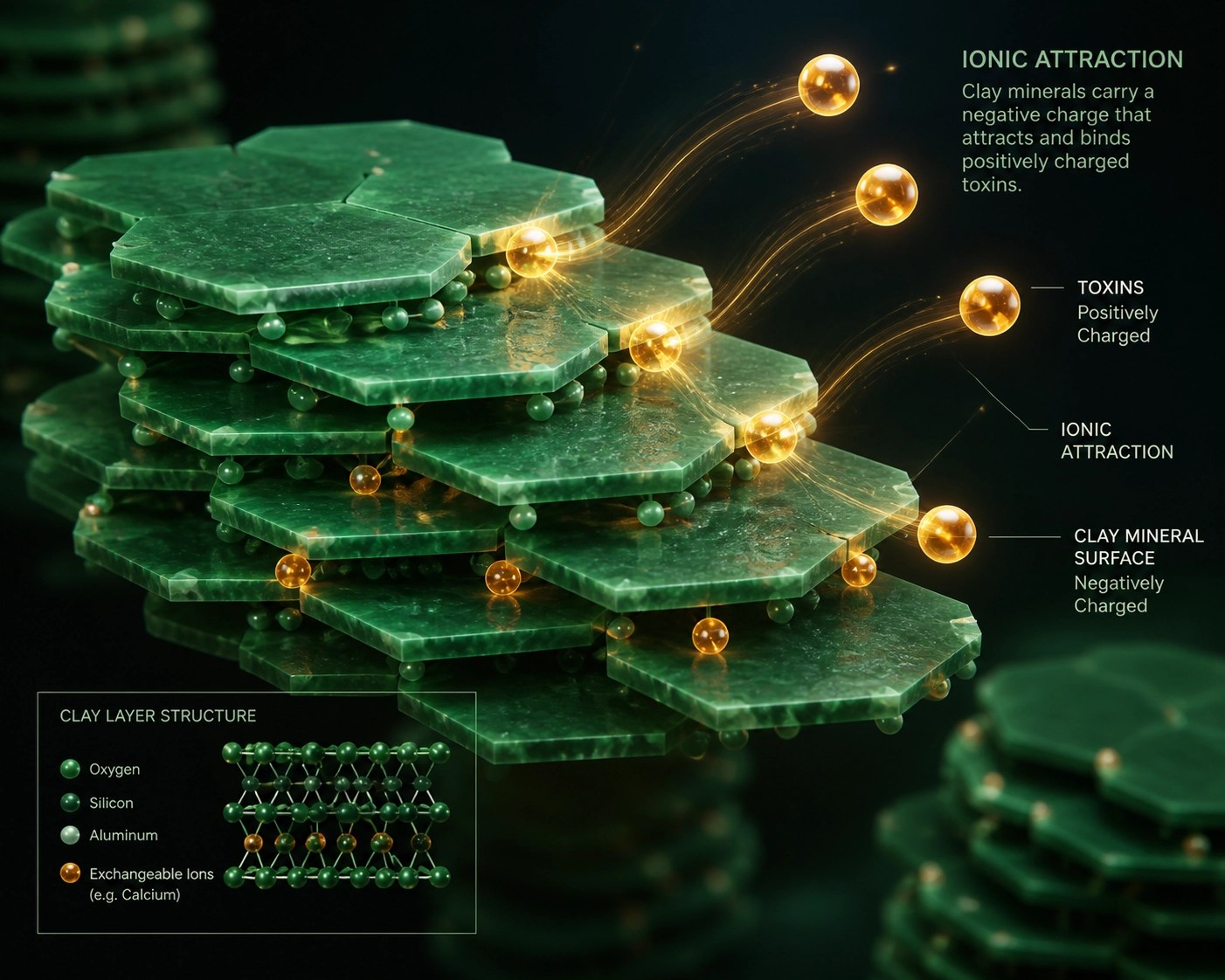 Scientific illustration of French green clay particles attracting and binding toxins through ionic charge.
