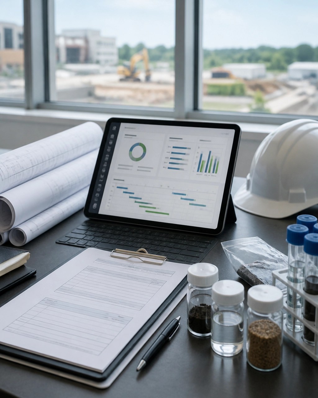 Brownfield remediation documentation workspace with site plans, environmental samples, and a project cost tracking dashboard