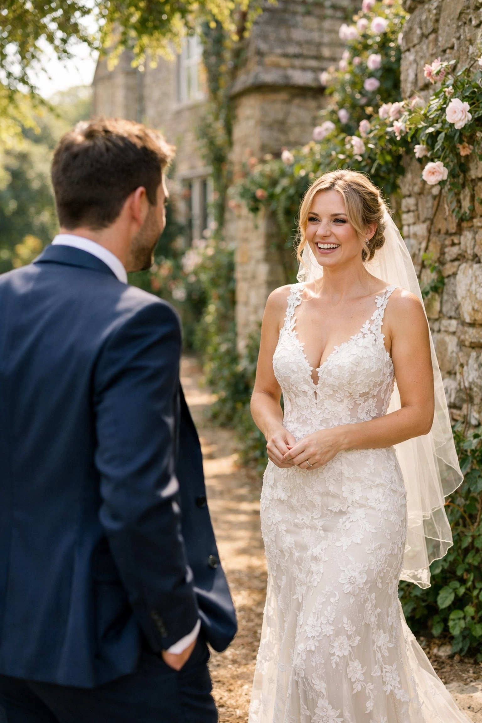 Emotional first look moment between a bride and groom at a historic Kent wedding venue.