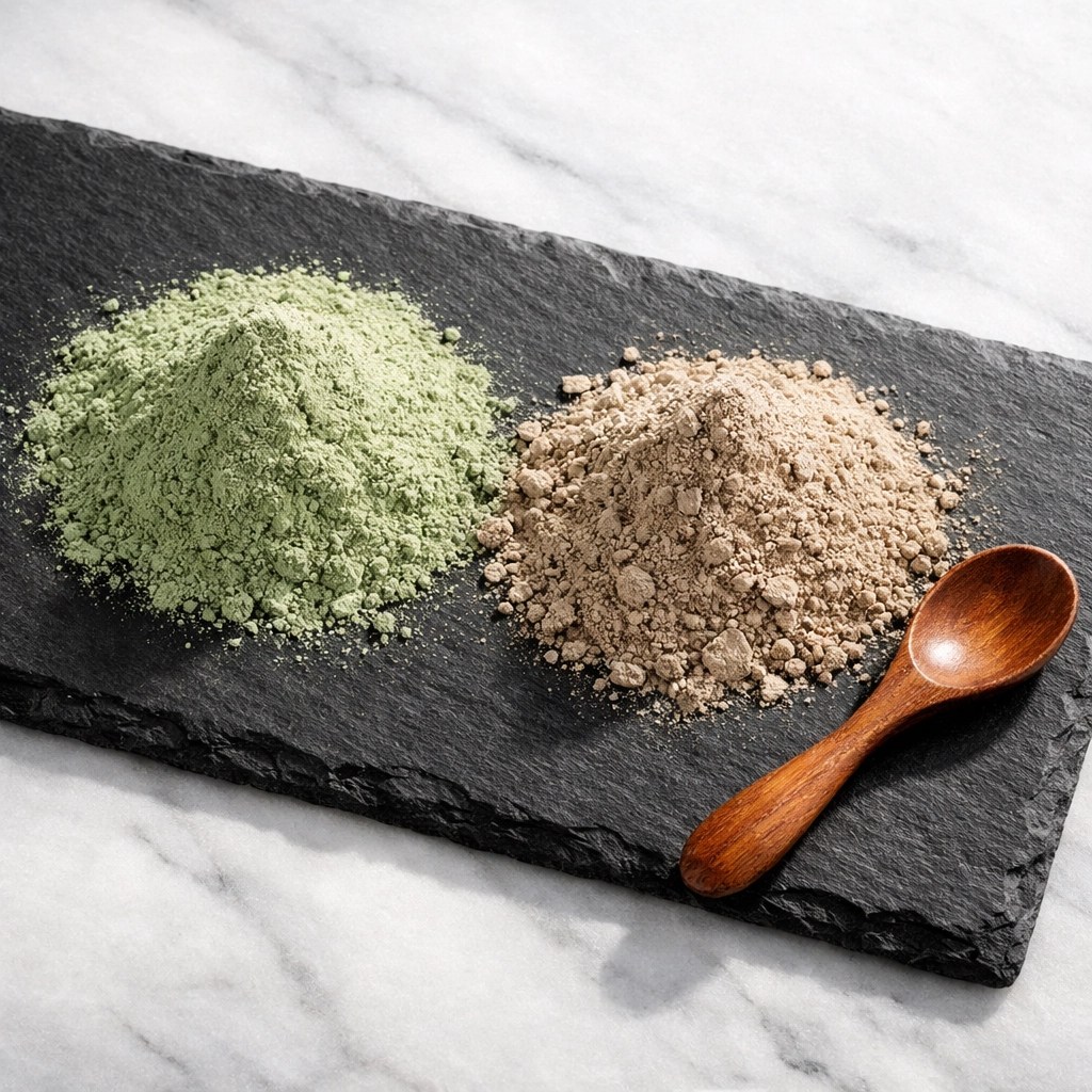 Natural food grade clay powders including green Illite and Bentonite for a mineral-rich detox.