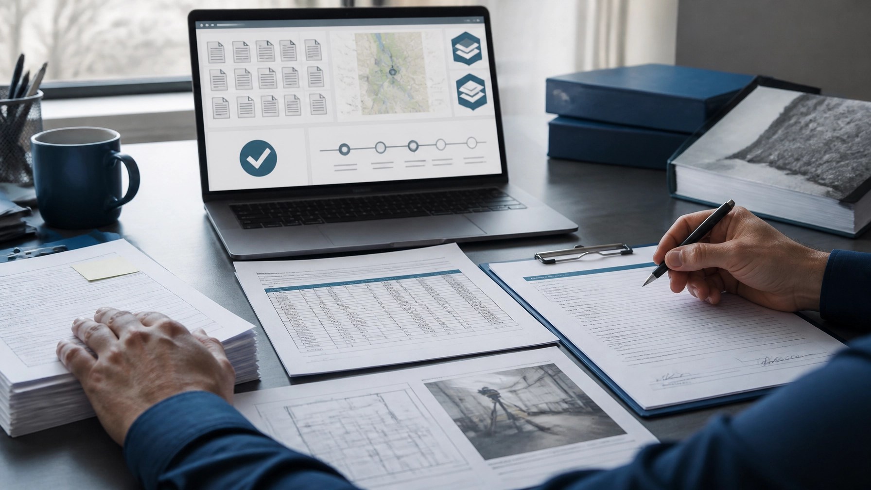 Engineer reviewing electronic RAP documents, GIS files, and certifications