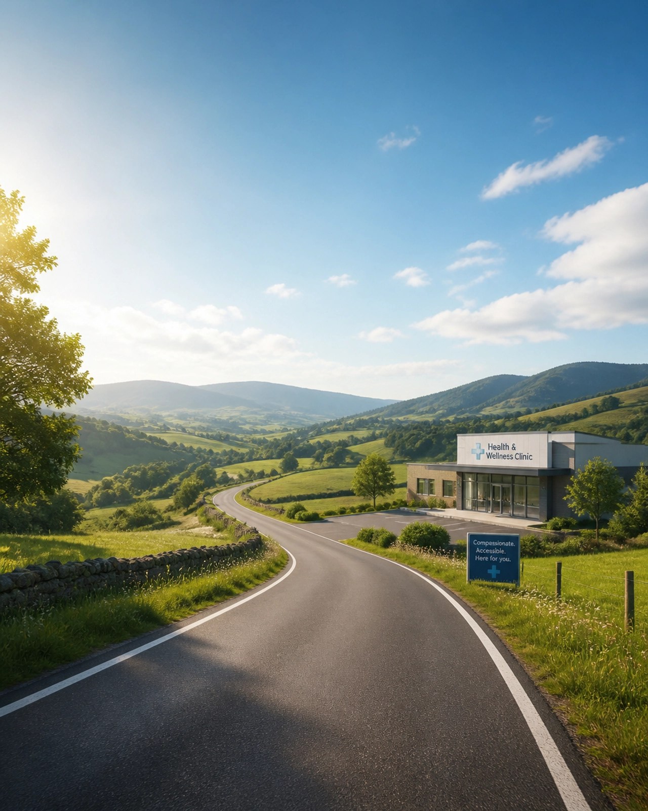 A paved road winding through green hills toward a modern healthcare clinic.