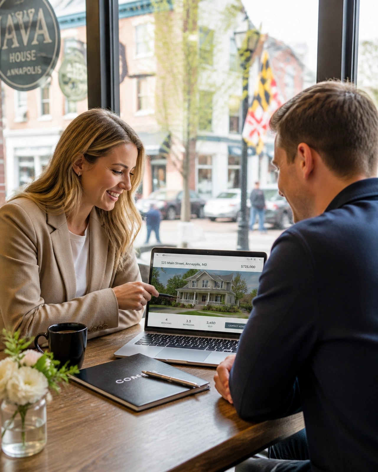 A real estate expert and client discussing property opportunities over coffee