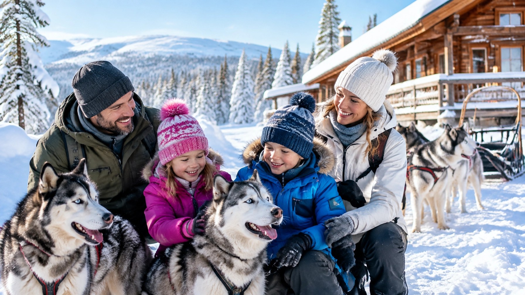Family enjoying a bright daytime husky experience beside a snowy Finnish Lapland lodge